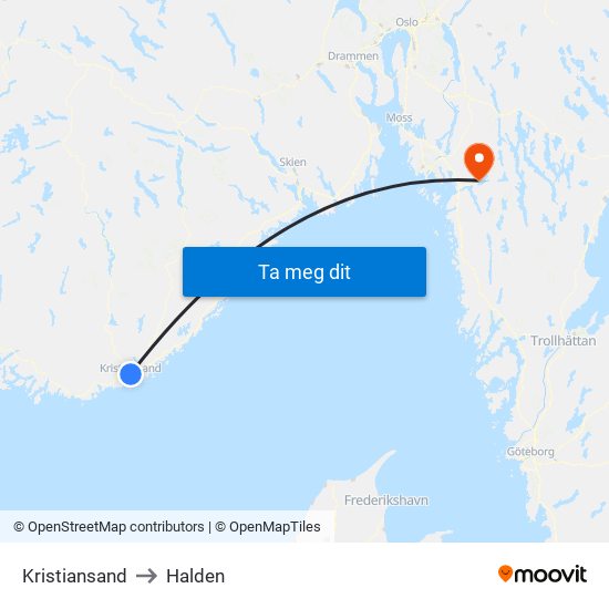 Kristiansand to Halden map