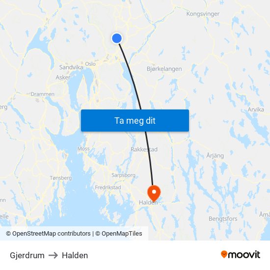 Gjerdrum to Halden map