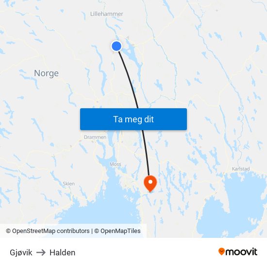 Gjøvik to Halden map
