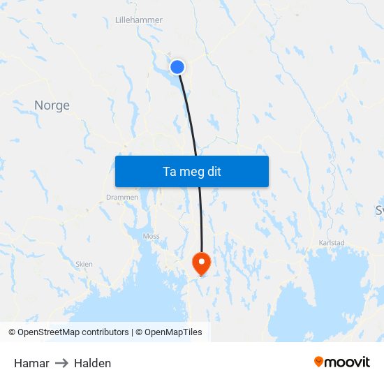 Hamar to Halden map