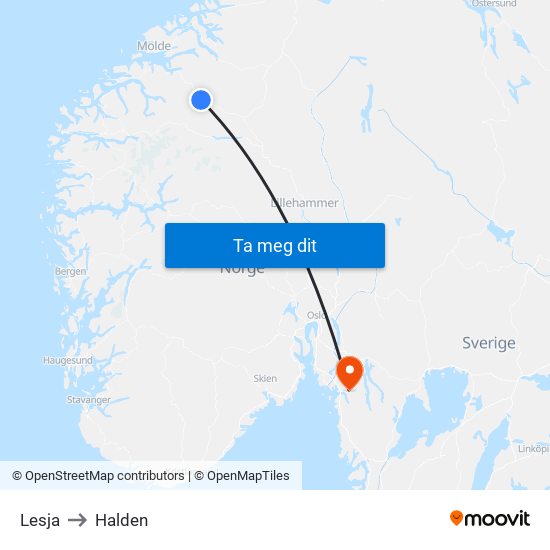 Lesja to Halden map