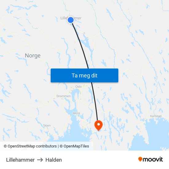 Lillehammer to Halden map