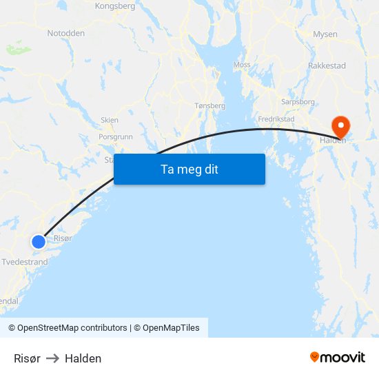 Risør to Halden map