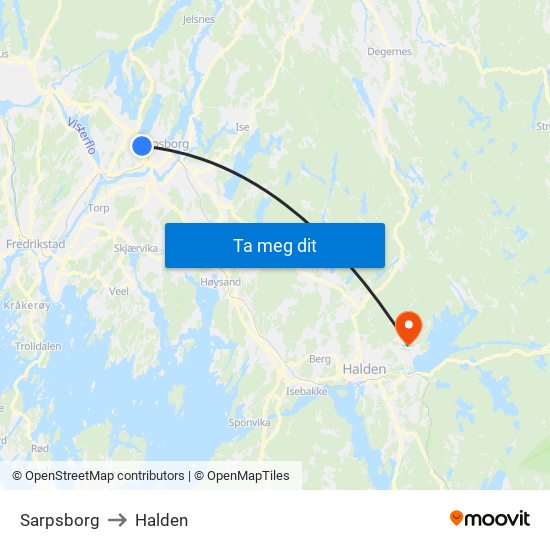 Sarpsborg to Halden map