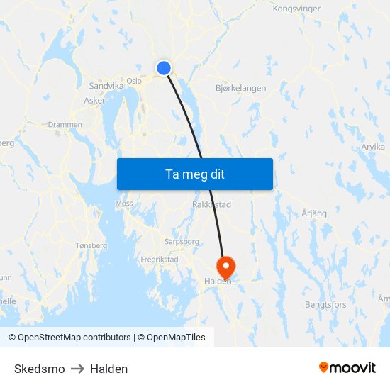 Skedsmo to Halden map