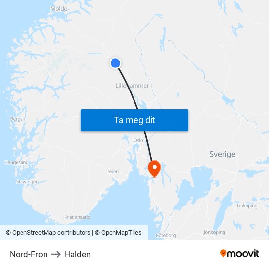 Nord-Fron to Halden map