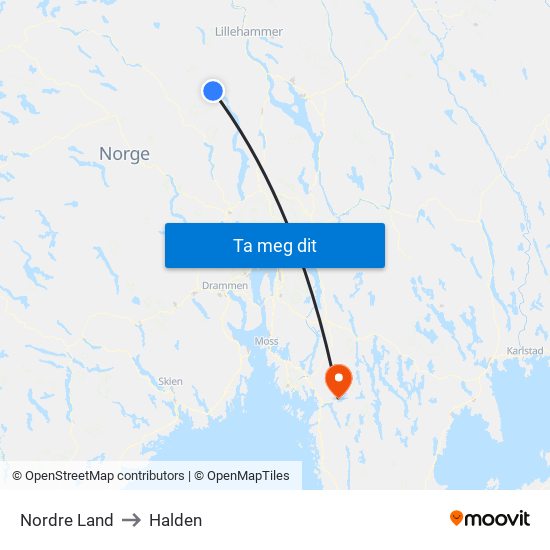 Nordre Land to Halden map