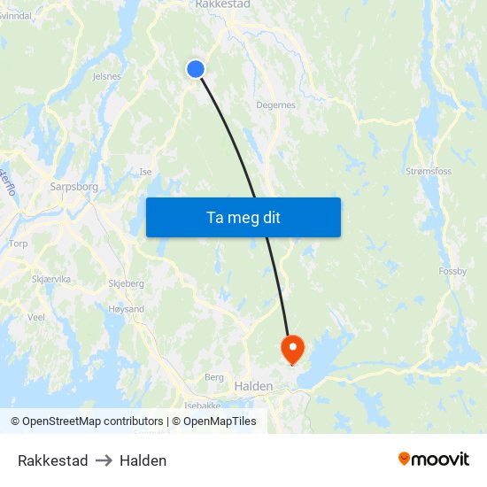 Rakkestad to Halden map
