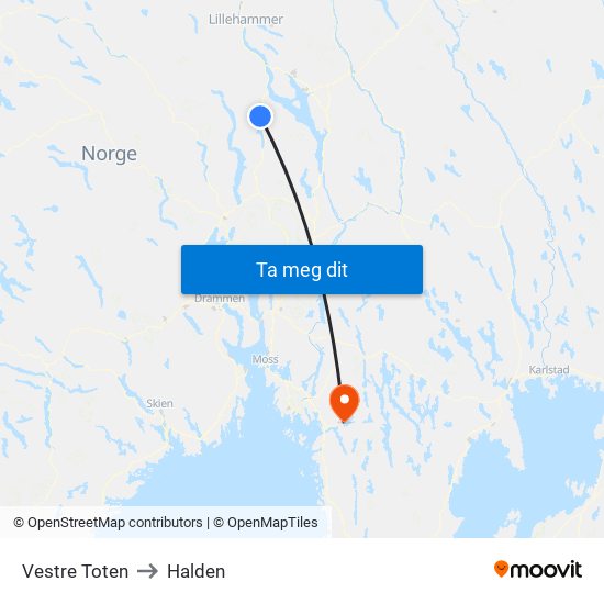 Vestre Toten to Halden map