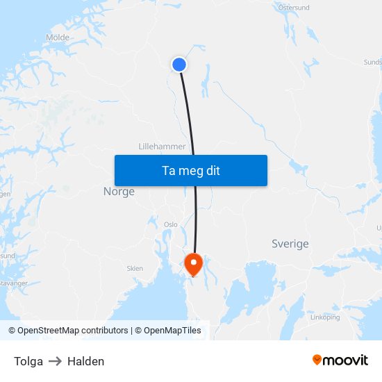 Tolga to Halden map