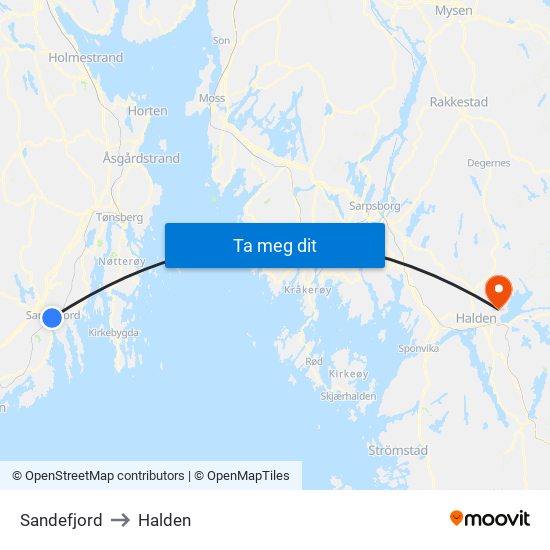 Sandefjord to Halden map