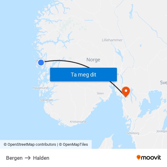 Bergen to Halden map