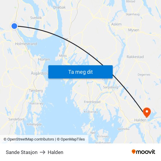 Sande Stasjon to Halden map