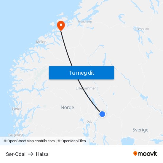 Sør-Odal to Halsa map