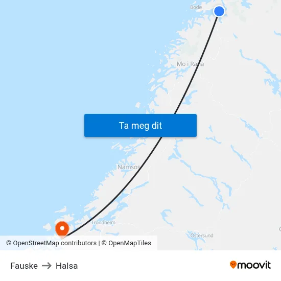 Fauske to Halsa map