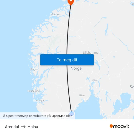 Arendal to Halsa map