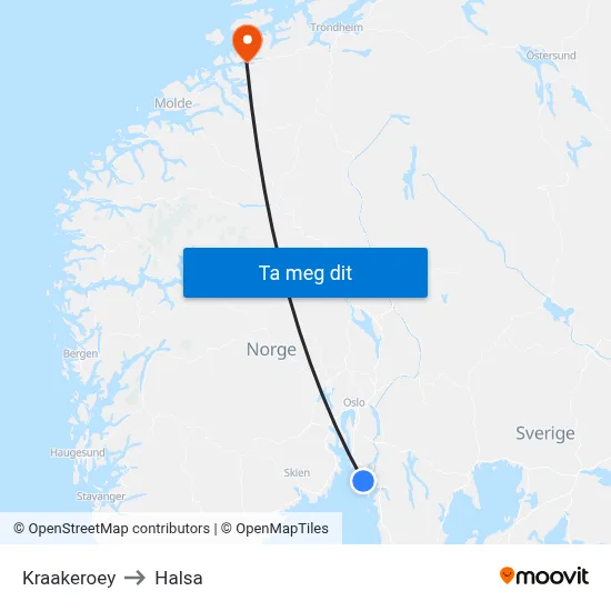 Kraakeroey to Halsa map