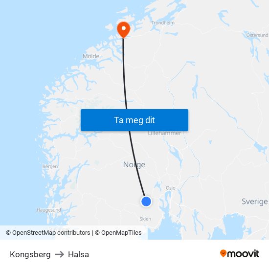 Kongsberg to Halsa map