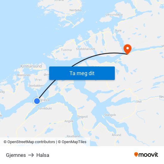 Gjemnes to Halsa map