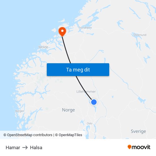 Hamar to Halsa map