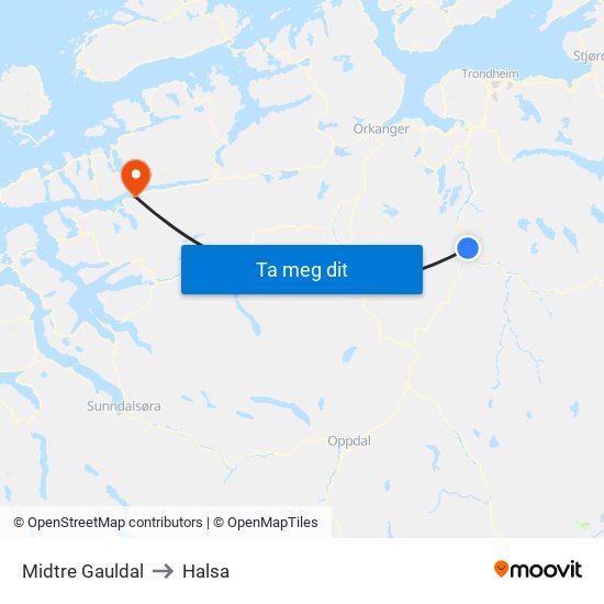 Midtre Gauldal to Halsa map