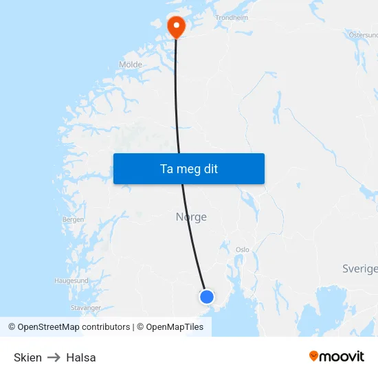 Skien to Halsa map