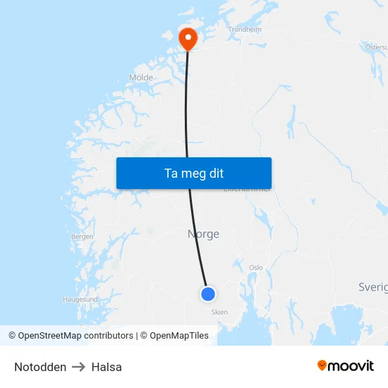 Notodden to Halsa map
