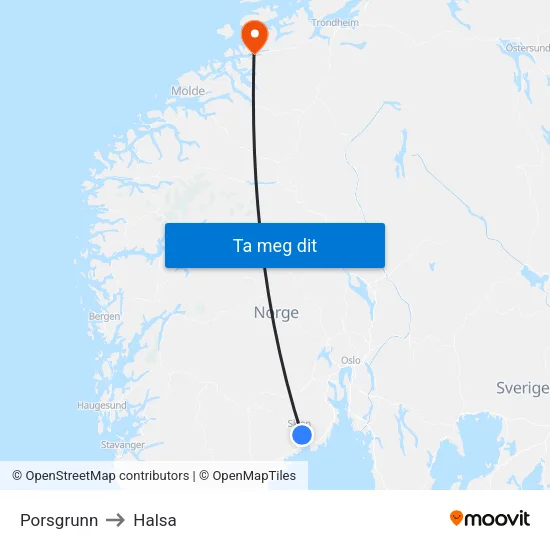 Porsgrunn to Halsa map