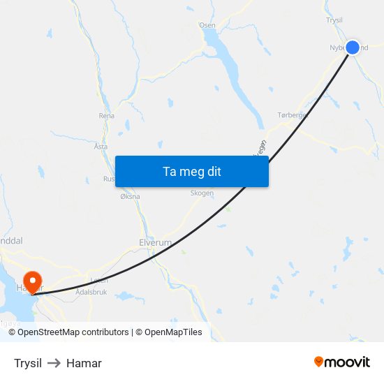 Trysil to Hamar map