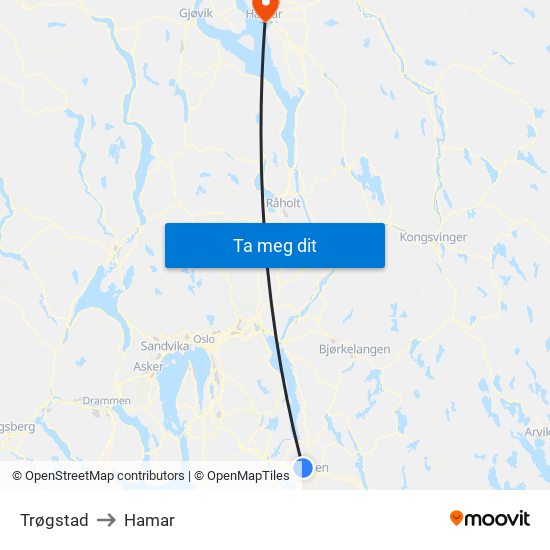 Trøgstad to Hamar map