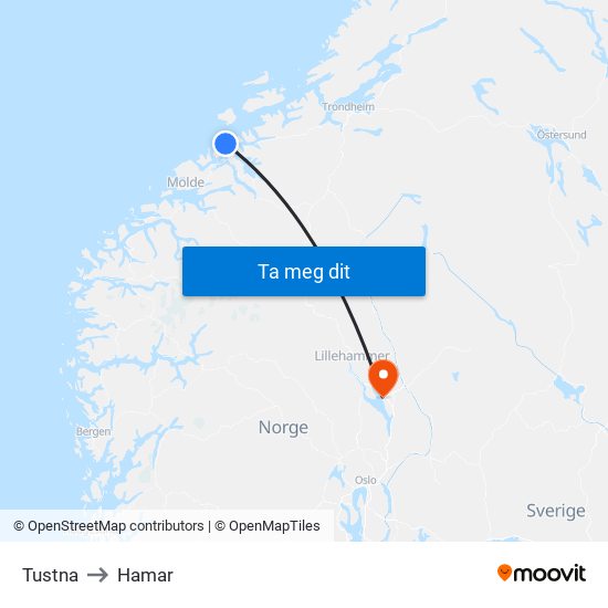 Tustna to Hamar map