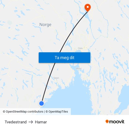 Tvedestrand to Hamar map