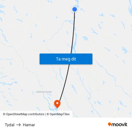 Tydal to Hamar map