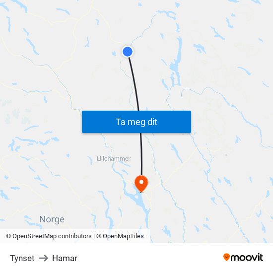 Tynset to Hamar map