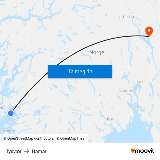 Tysvær to Hamar map