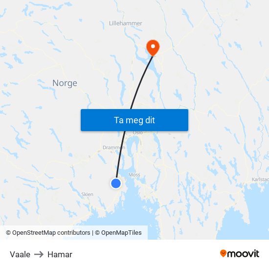 Vaale to Hamar map