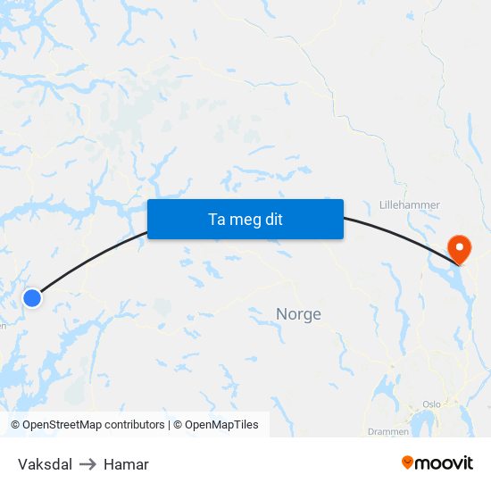 Vaksdal to Hamar map
