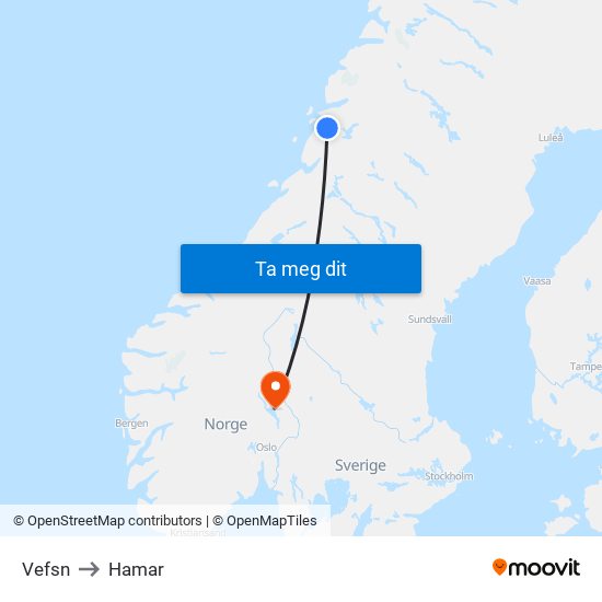Vefsn to Hamar map