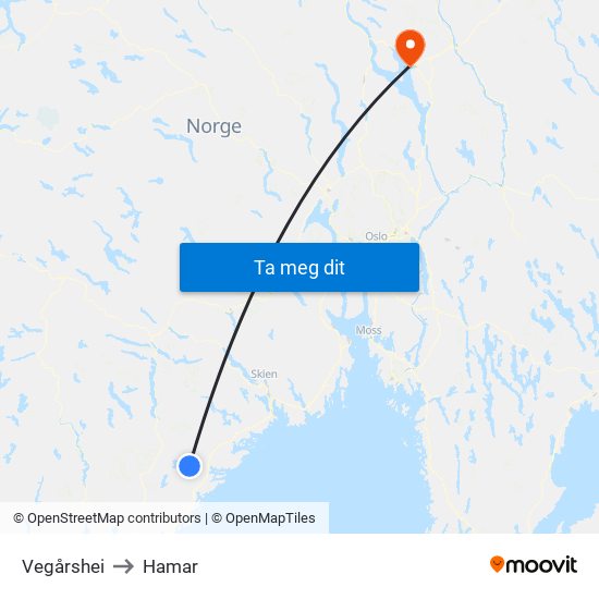 Vegårshei to Hamar map