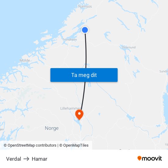 Verdal to Hamar map