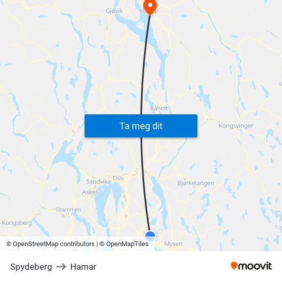 Spydeberg to Hamar map