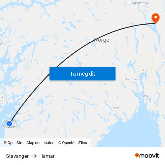 Stavanger to Hamar map