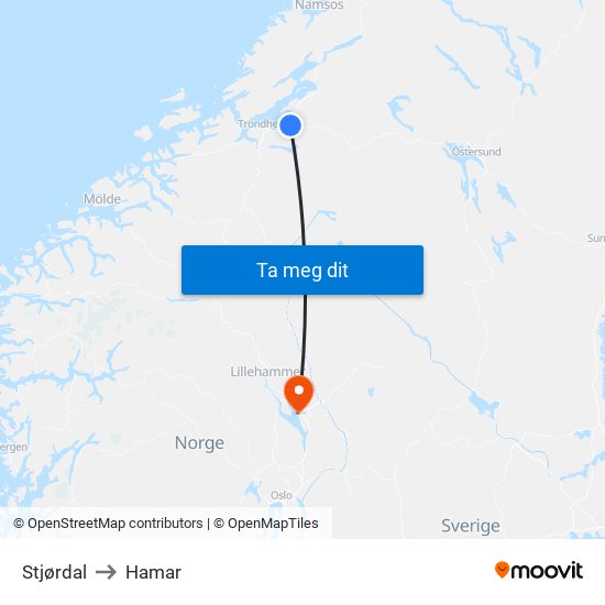Stjørdal to Hamar map
