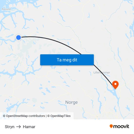 Stryn to Hamar map