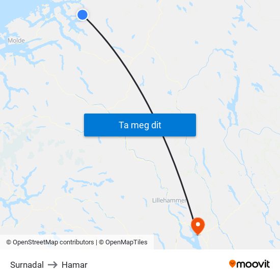 Surnadal to Hamar map