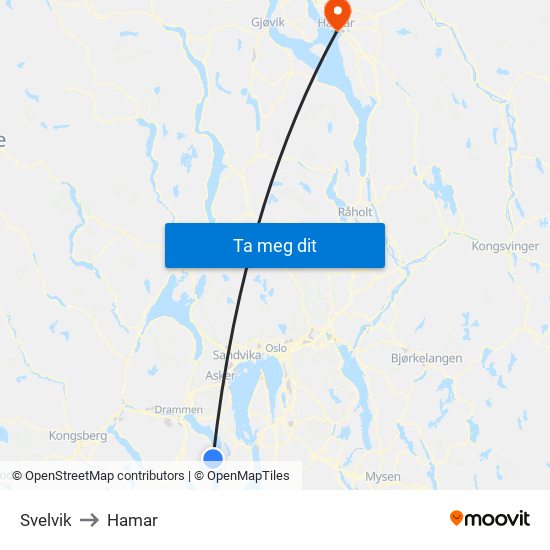 Svelvik to Hamar map