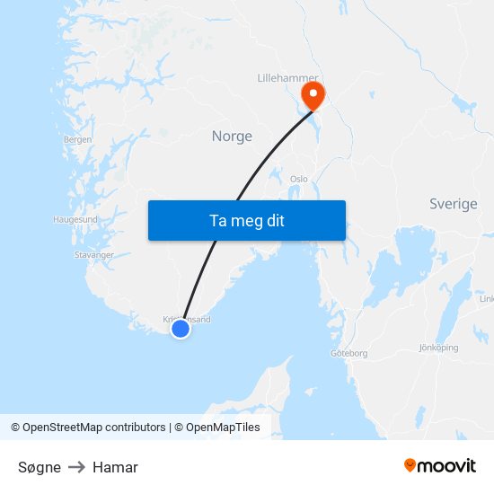Søgne to Hamar map