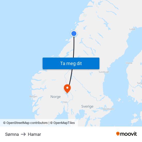 Sømna to Hamar map