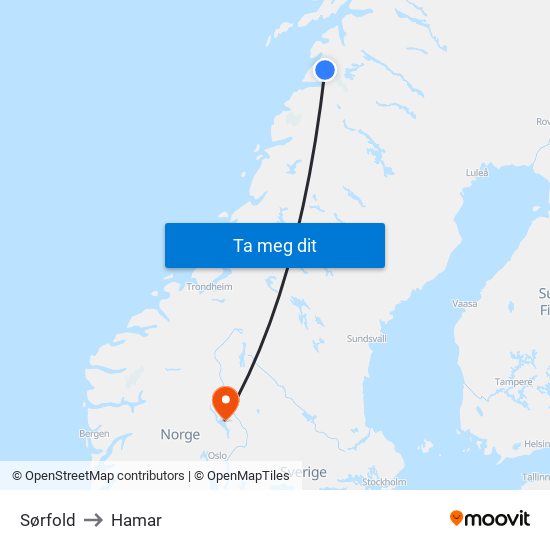 Sørfold to Hamar map