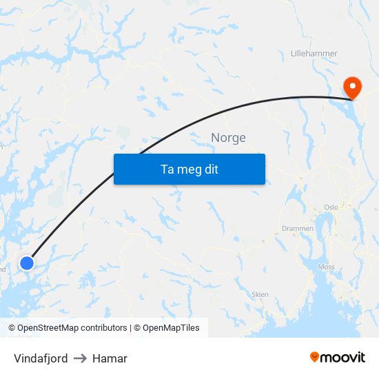 Vindafjord to Hamar map